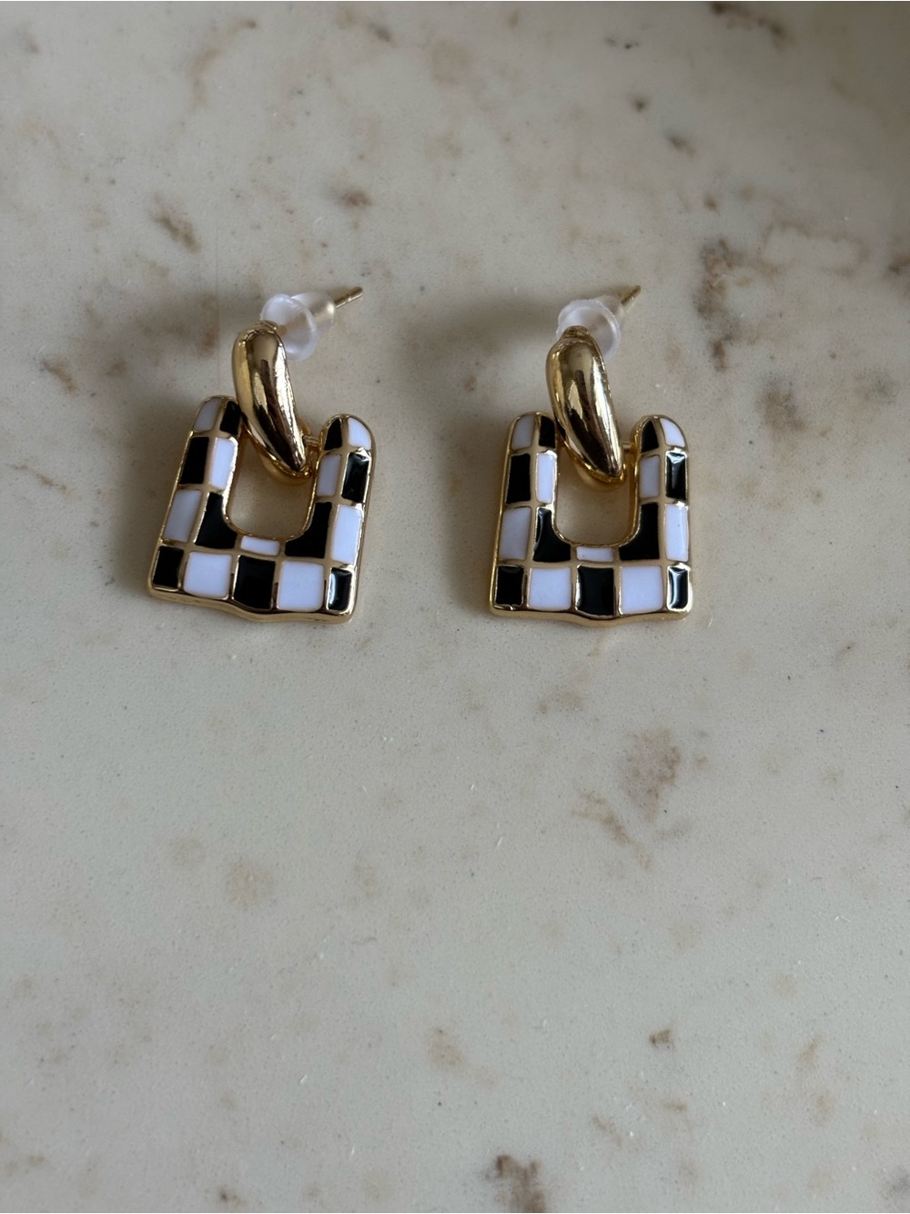Gold & Black Check Square Hoop Earrings - Women Jewelry - Picture 3 of 3
